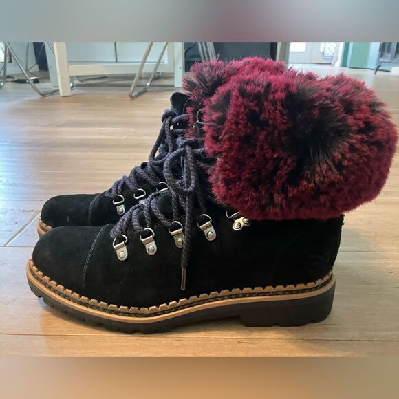 Sam Edelman black leather dark red faux fur topper women’s lace up boots. 7.5 - Picture 3 of 8